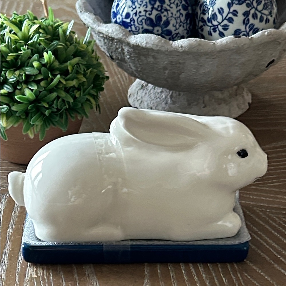 NEW! Blue & White Floral Chinoiserie Ceramic Bunny Rabbit Butter Dish - Picture 5 of 7